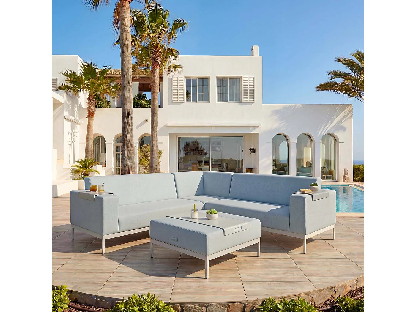 Alu-Garten-Garnitur MCW-C47 (7-teilig), Blau mit Ablage, ohne Kissen