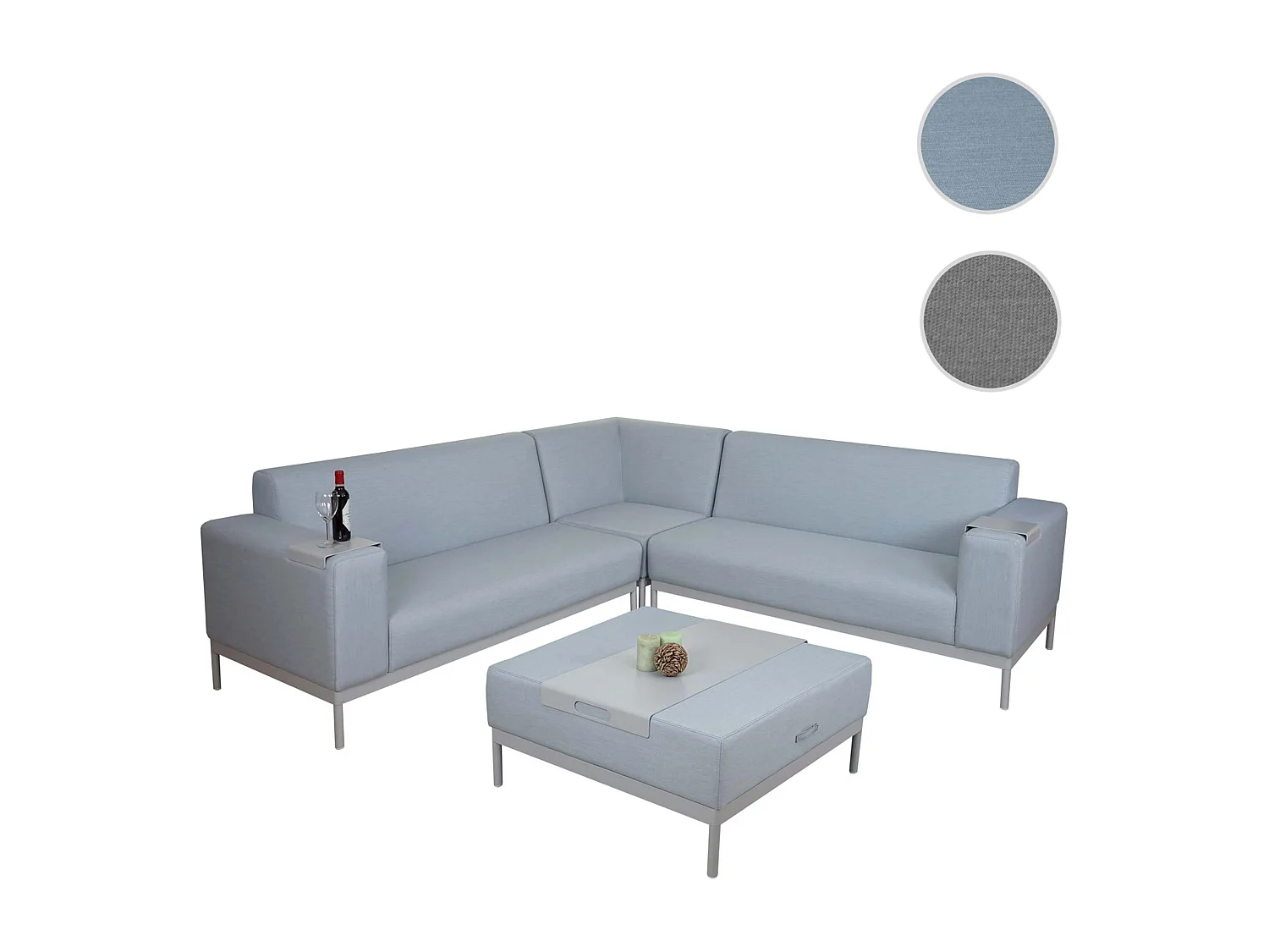 Alu-Garten-Garnitur MCW-C47 (7-teilig), Blau mit Ablage, ohne Kissen