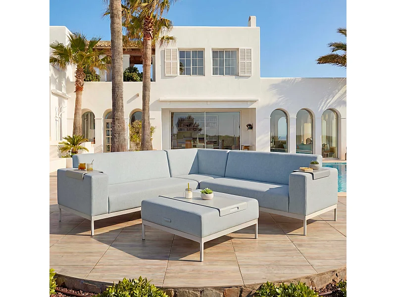 Zestaw ogrodowy z aluminium MCW-C47 (7 elementów),  niebieski z półką, bez poduszek