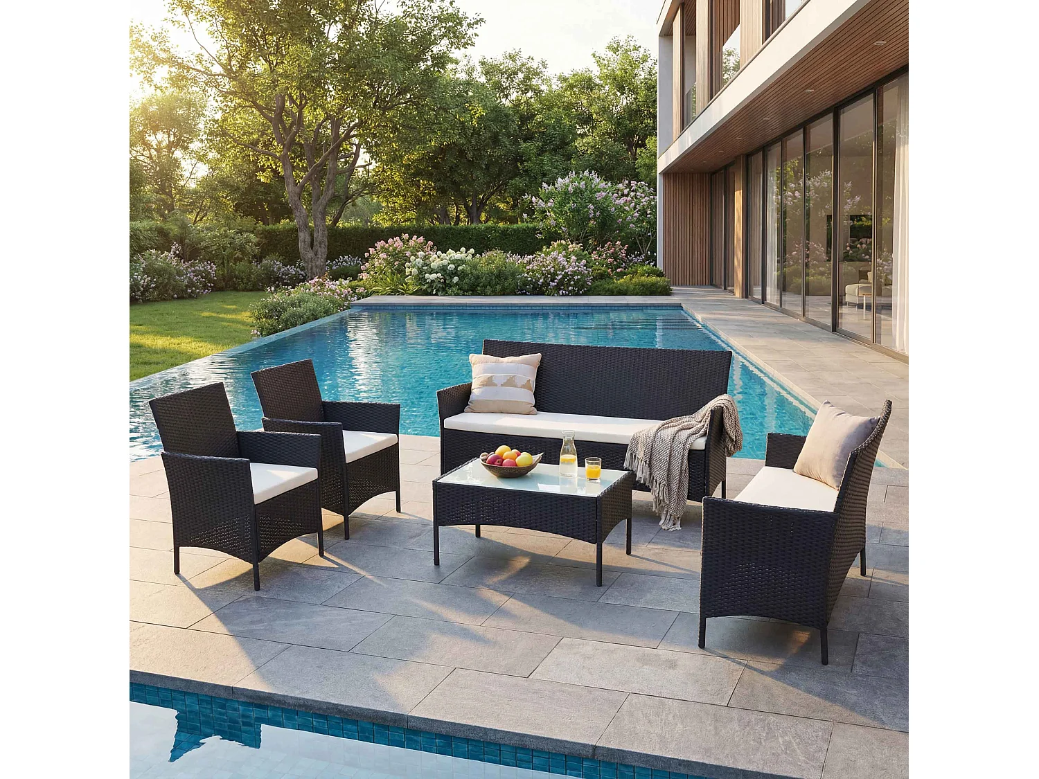 3-2-1-1 Poly-Rattan Garnitur Hamar, Anthrazit, Kissen creme