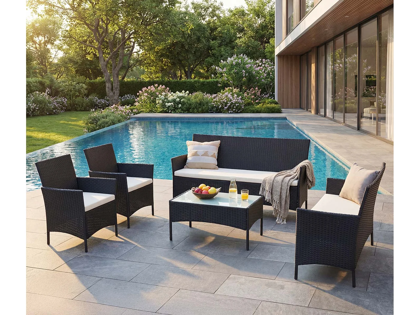 3-2-1-1 Poly-Rattan Garnitur Hamar, Anthrazit, Kissen creme