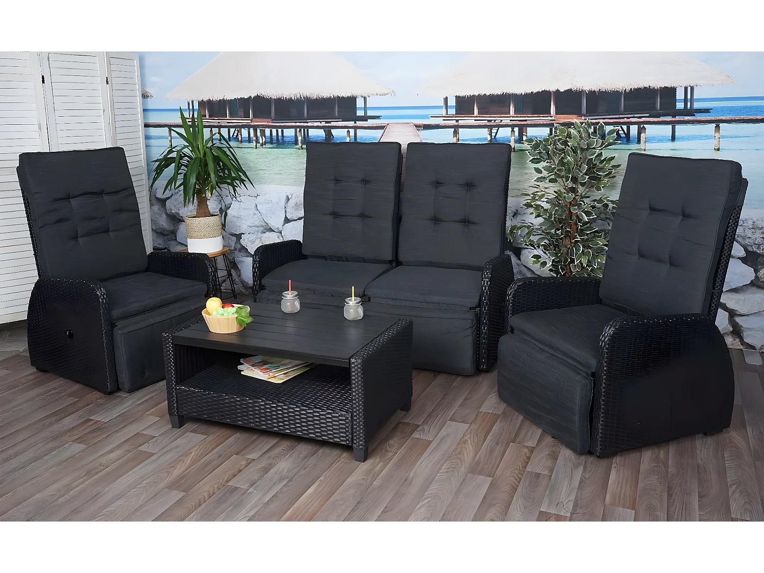 Set salotto giardino esterno salottino Lounge MCW-J35 schienali regolabili polyrattan antracite cuscini antracite