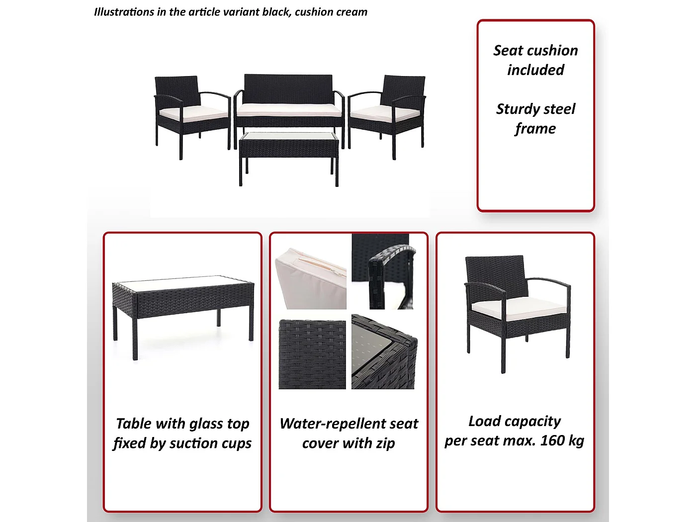 Zestaw polirattanowy MCW-F56 (4-częściowy),  szary, ciemnoszare poduszki