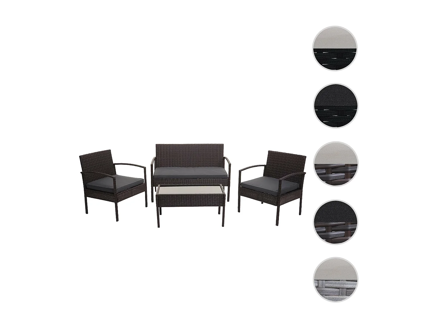 Set salotto giardino esterno salottino elegante MCW-F56 polyrattan marrone con cuscini grigio scuro