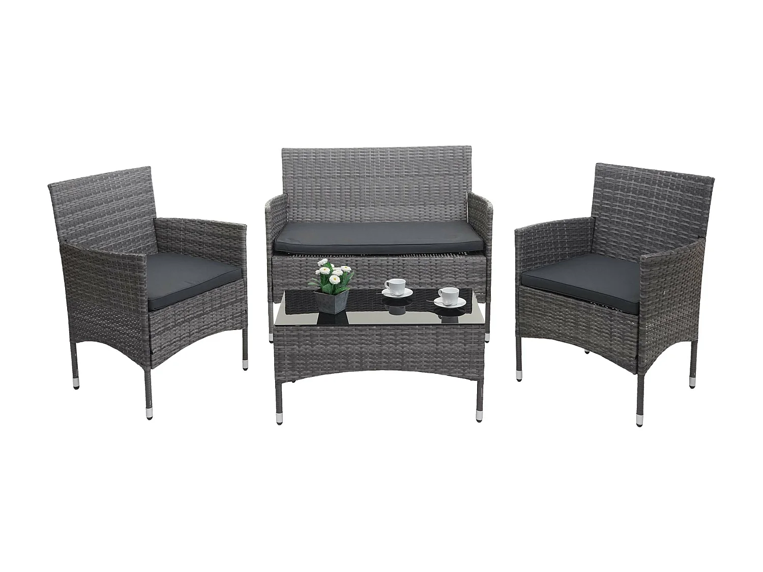 Poly-rattan set MCW-F55 (4-delig),  grijs, donkergrijze kussens