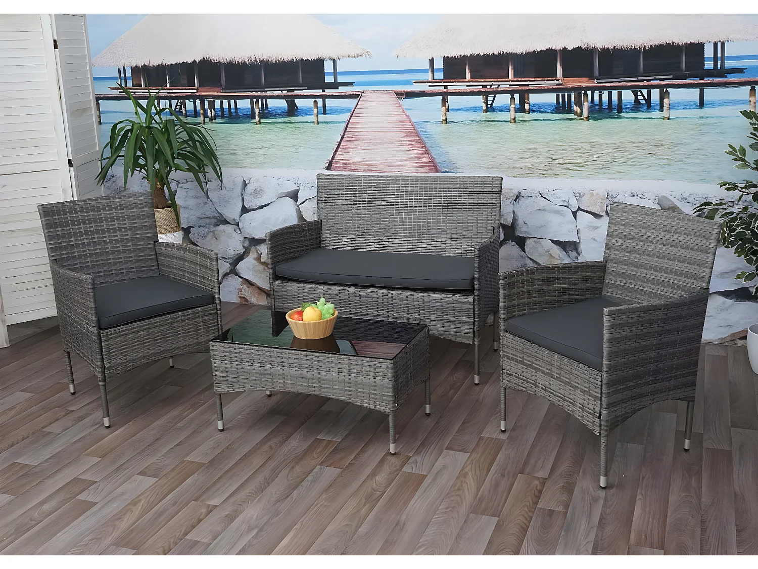 Poly-rattan set MCW-F55 (4-delig),  grijs, donkergrijze kussens