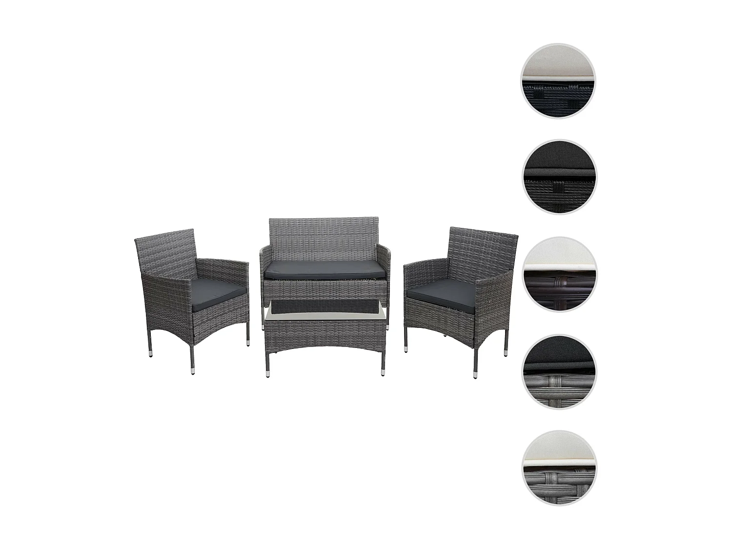 Poly-rattan set MCW-F55 (4-delig),  grijs, donkergrijze kussens