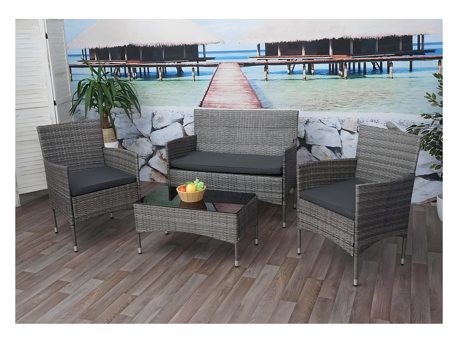 Zestaw polirattanowy MCW-F55 (4-częściowy),  szary, ciemnoszare poduszki