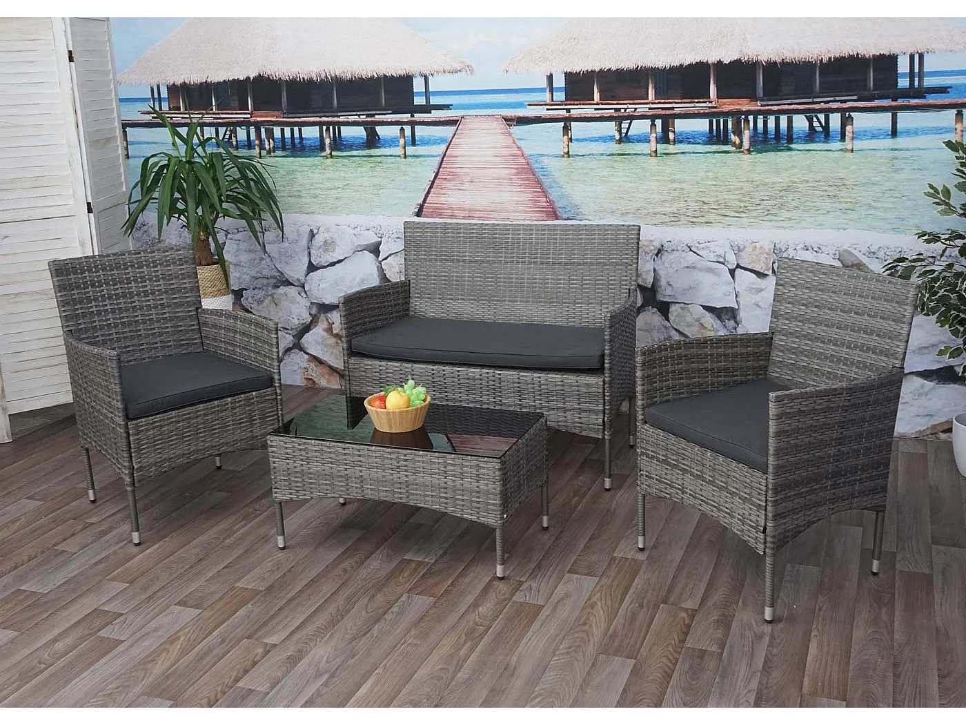 Zestaw polirattanowy MCW-F55 (4-częściowy),  szary, ciemnoszare poduszki