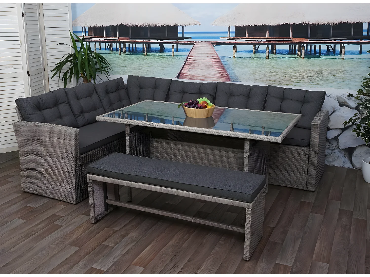 Zestaw polirattanowy MCW-A29,  szary, szare poduszki + ławka