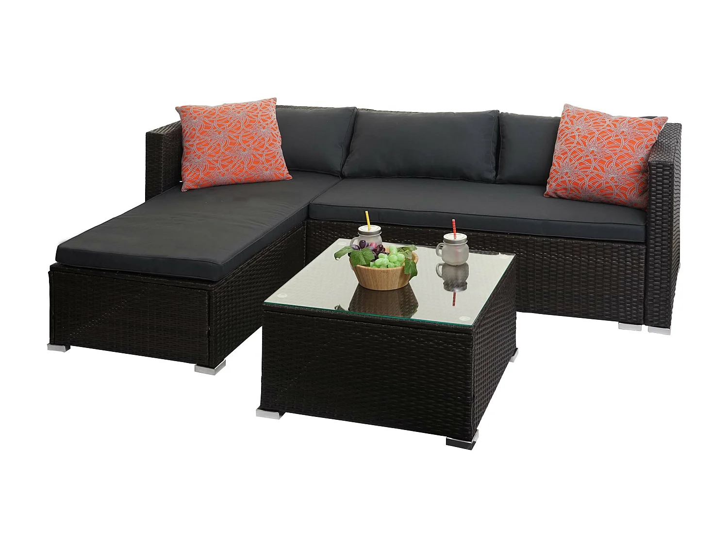 Set salotto giardino esterno salottino MCW-F57 polyrattan marrone con cuscini grigio scuro e decorativi