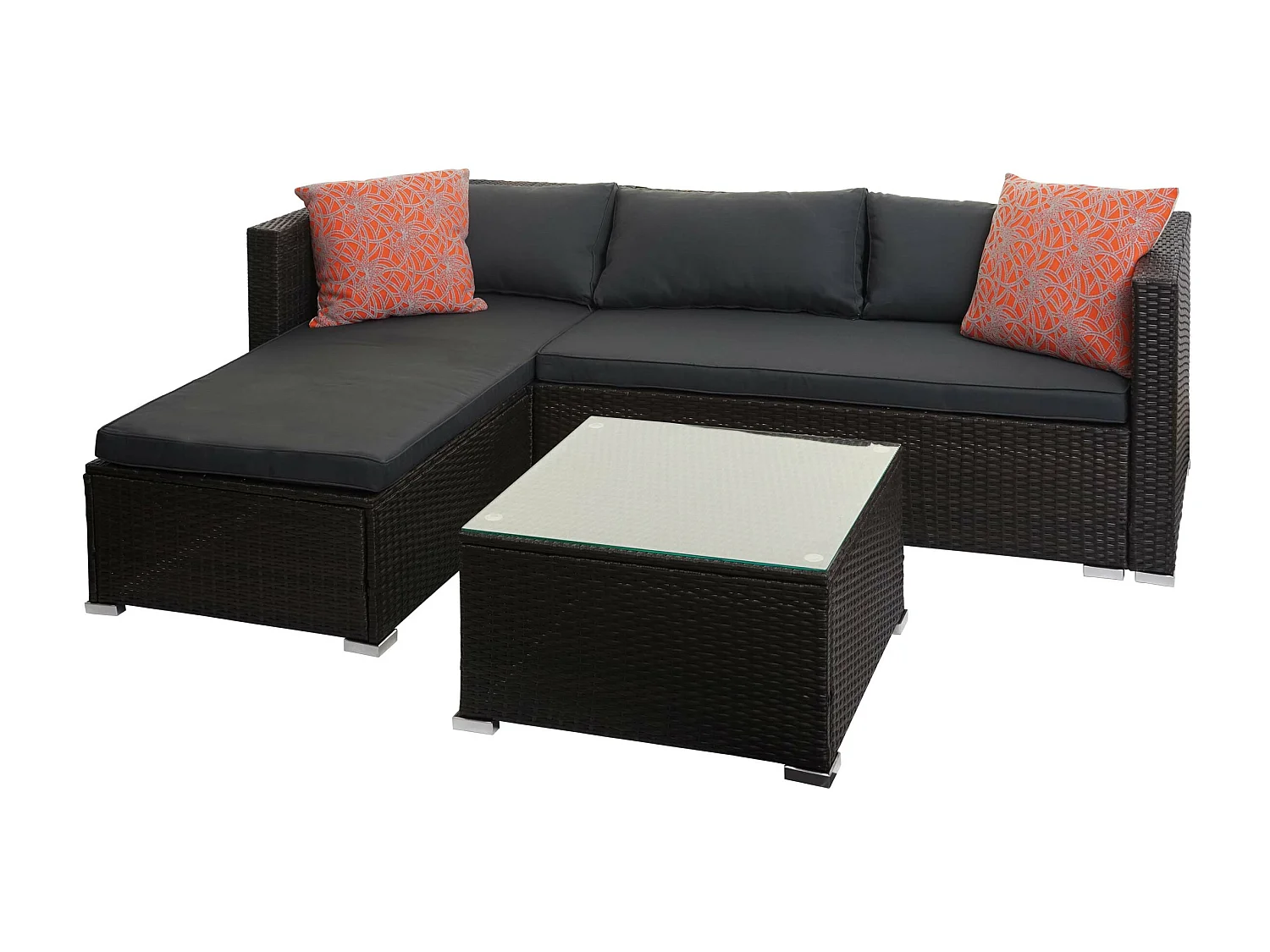 Set salotto giardino esterno salottino MCW-F57 polyrattan marrone con cuscini grigio scuro e decorativi