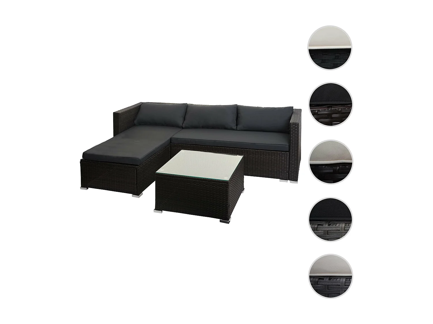 Set salotto giardino esterno salottino MCW-F57 polyrattan marrone con cuscini grigio scuro e decorativi