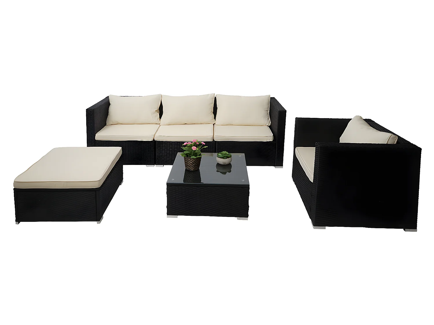 Poly-rattan set Busto,  zwart, kussens crème