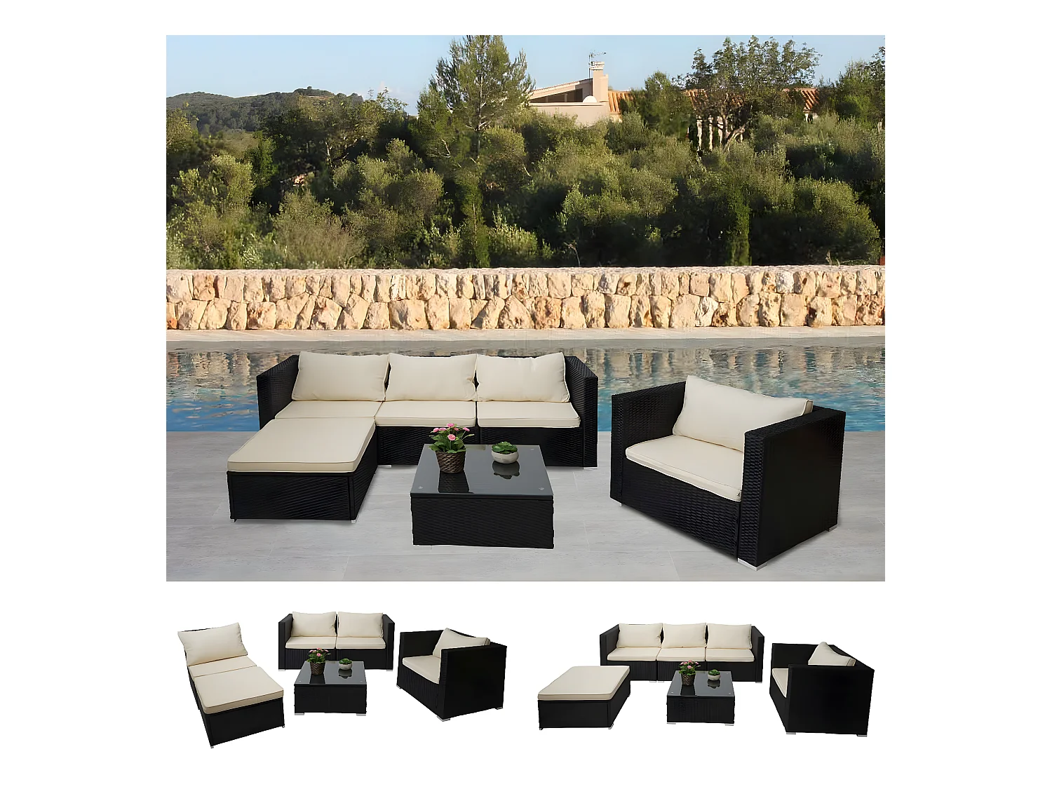 Poly-Rattan-Garnitur Busto, Schwarz, Kissen creme