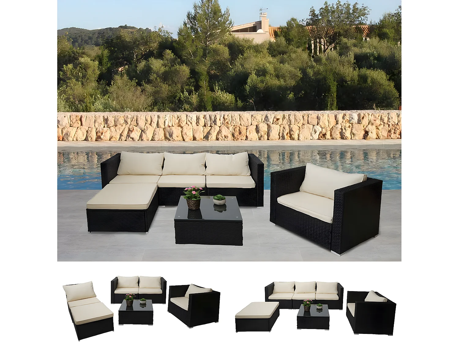 Poly-Rattan-Garnitur Busto, Schwarz, Kissen creme