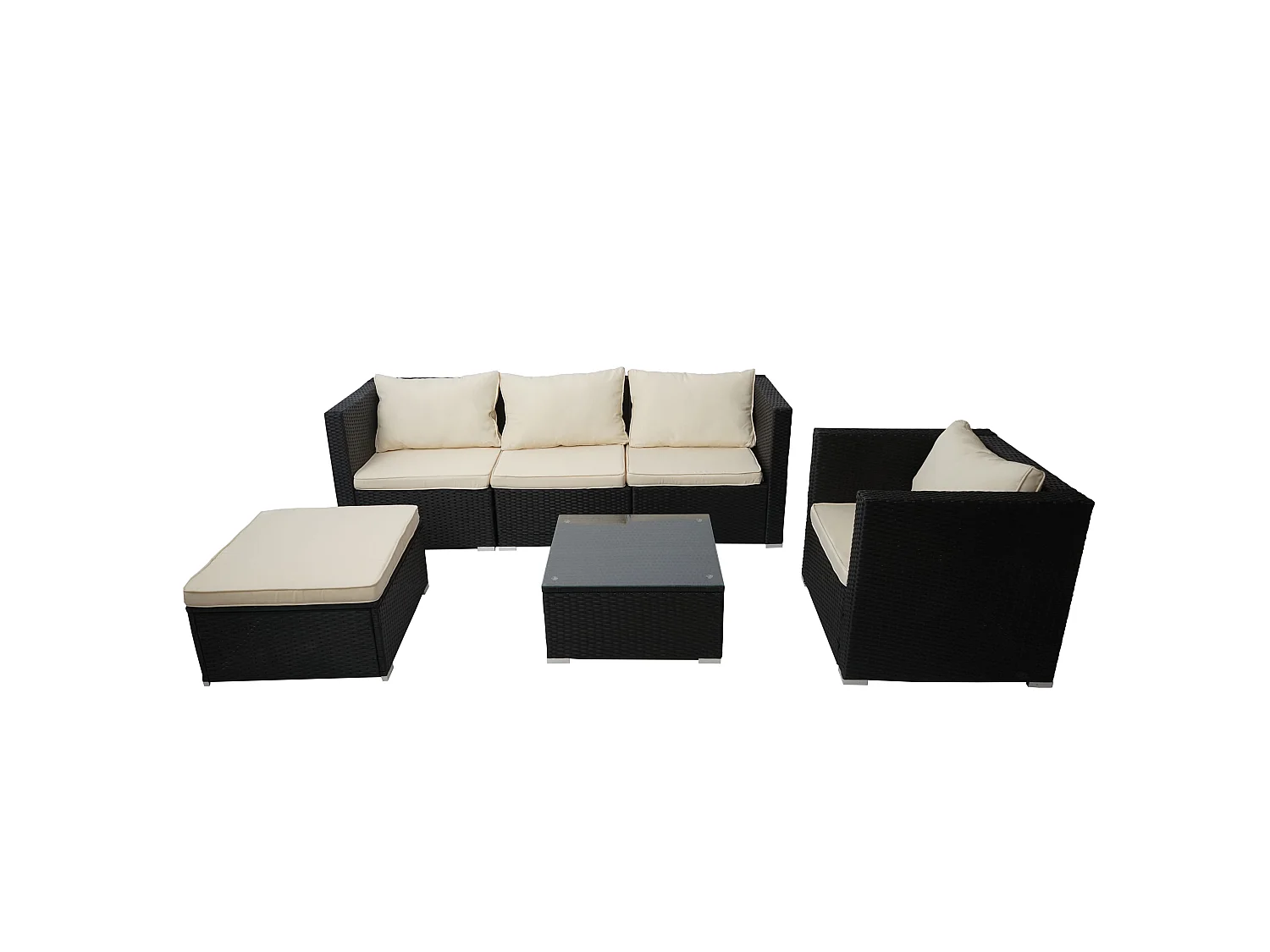 Poly-Rattan-Garnitur Busto, Schwarz, Kissen creme