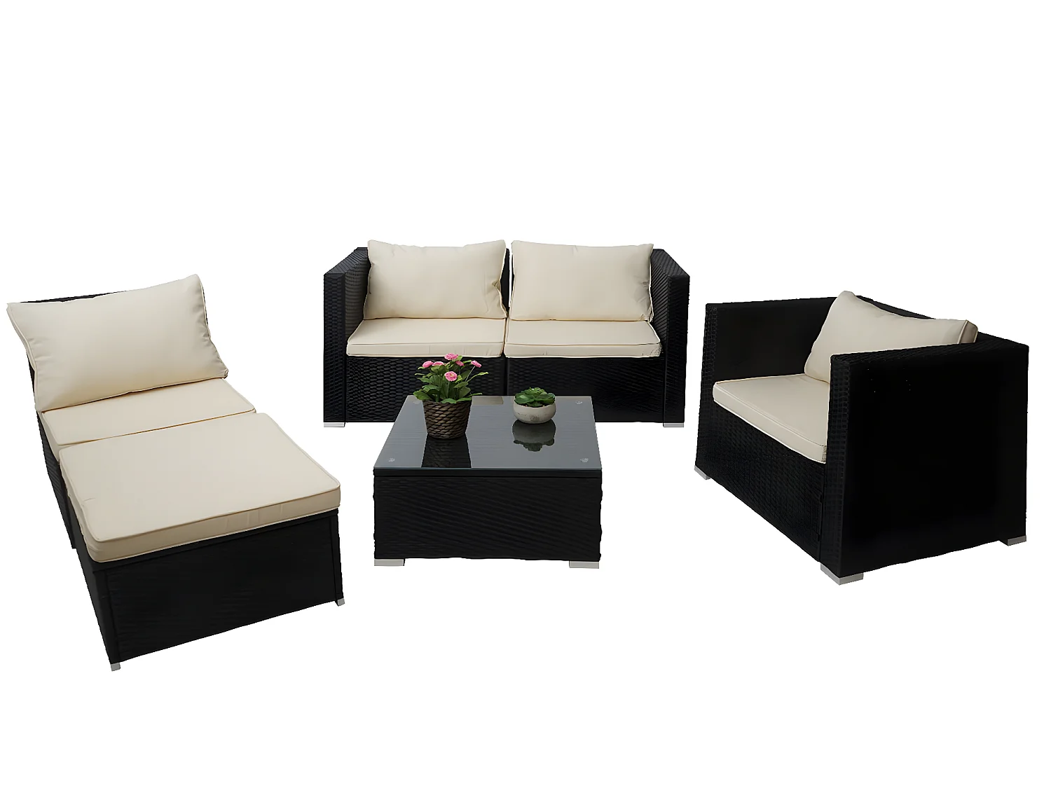 Poly-Rattan-Garnitur Busto, Schwarz, Kissen creme