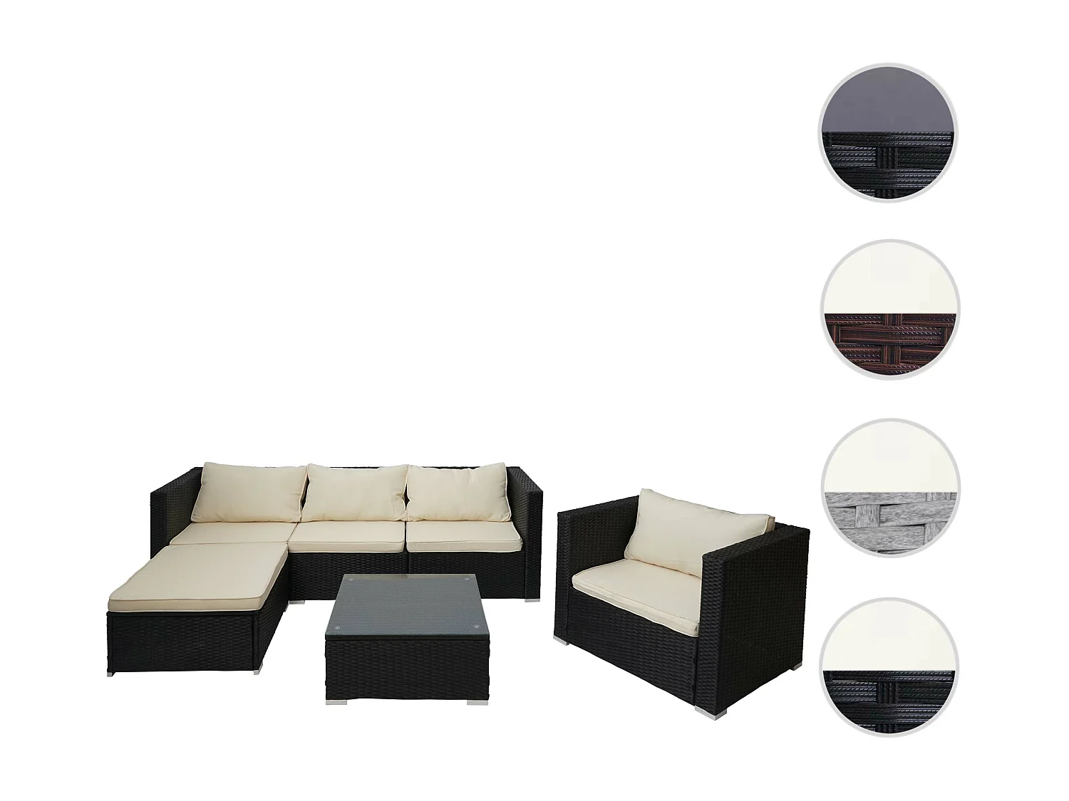 Poly-Rattan-Garnitur Busto, Schwarz, Kissen creme