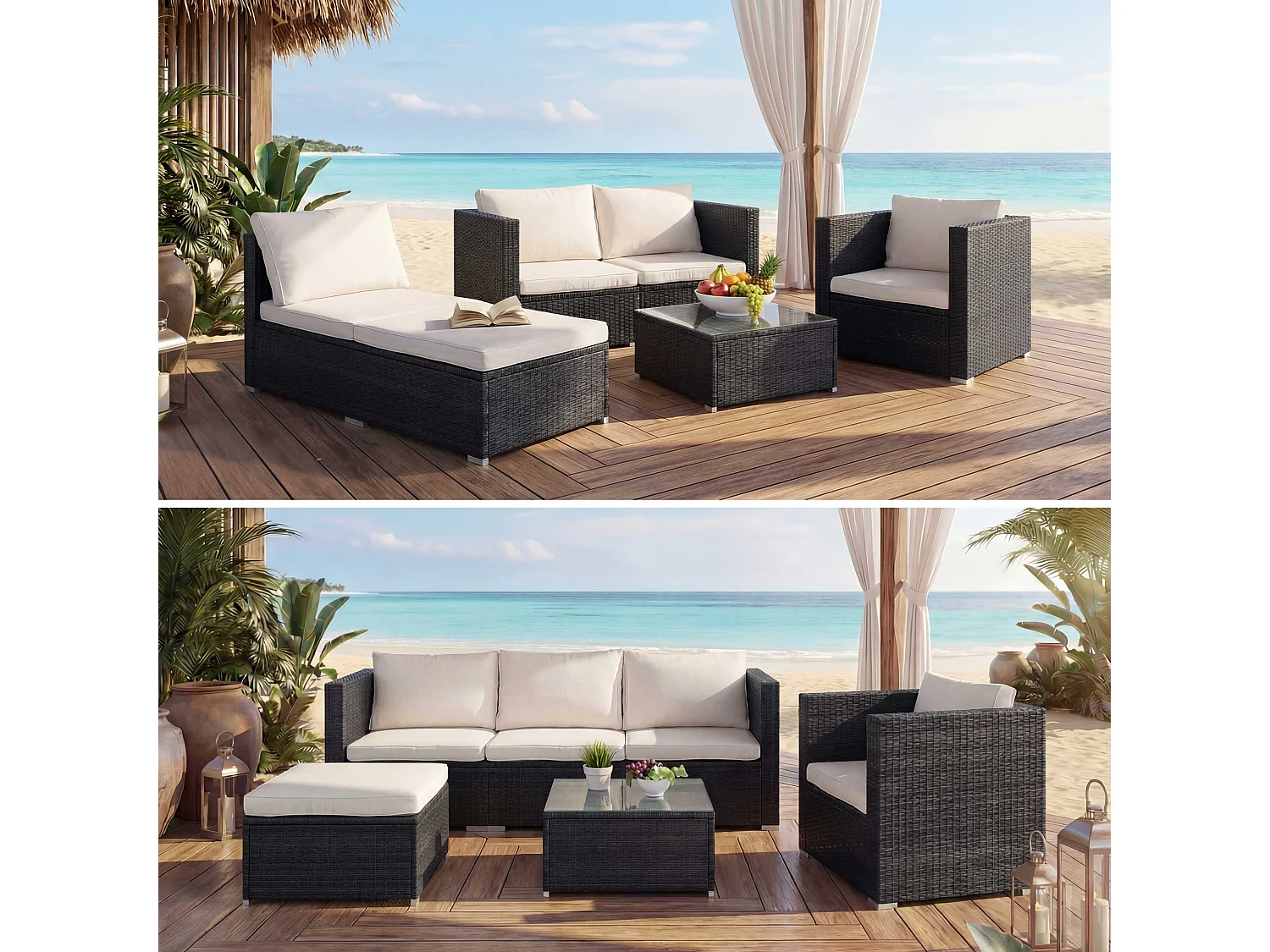 Zestaw z polirattanowym wykończeniem Busto,  czarny, poduszki w kolorze kremowym