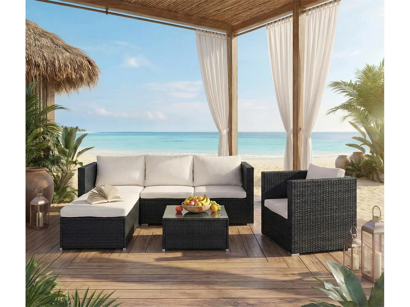 Zestaw z polirattanowym wykończeniem Busto,  czarny, poduszki w kolorze kremowym