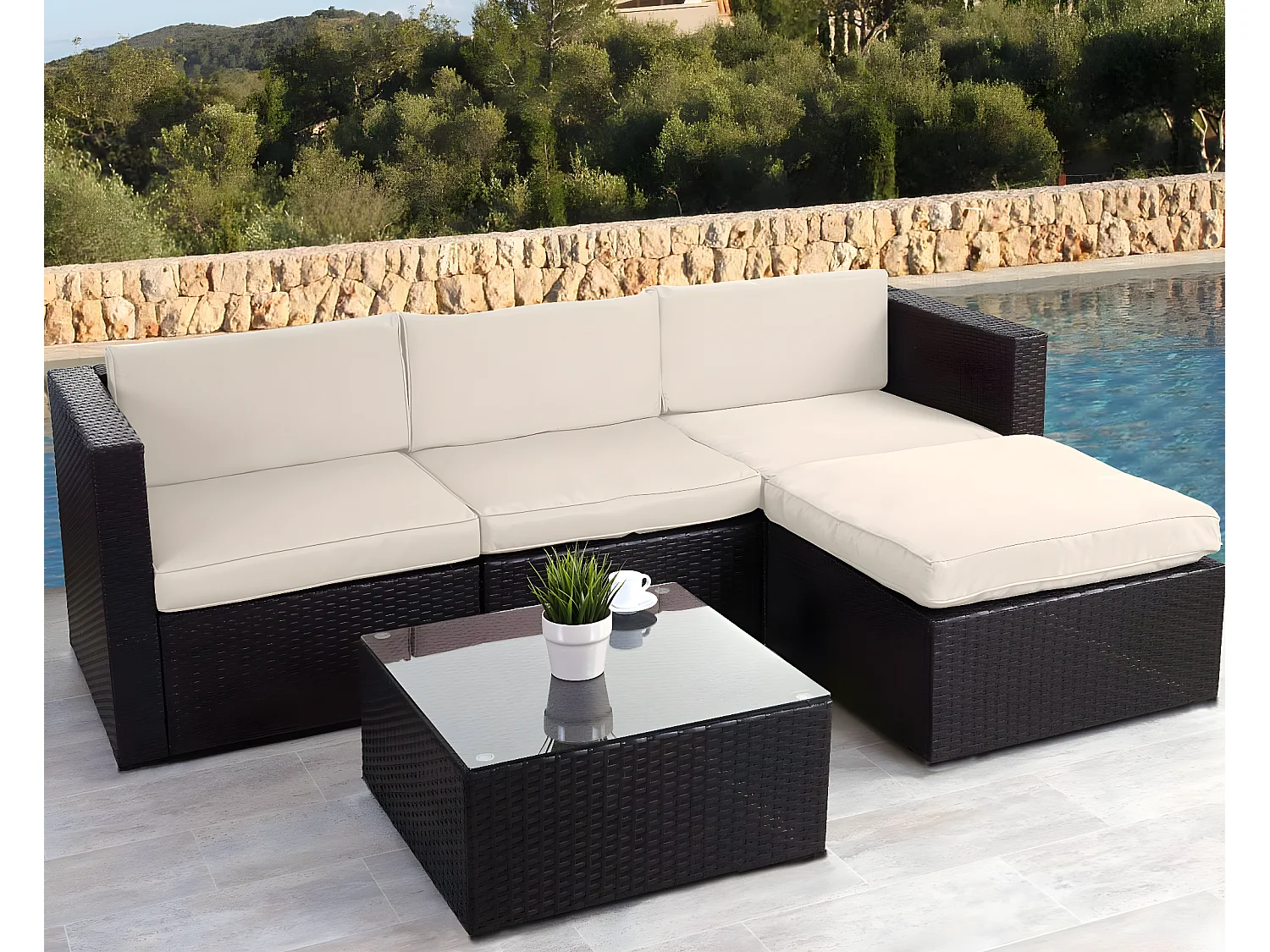 Zestaw polirattanowy MCW-D28 (5-częściowy),  brązowy, tapicerka kremowa bez ozdobnych poduszek/pokrowca