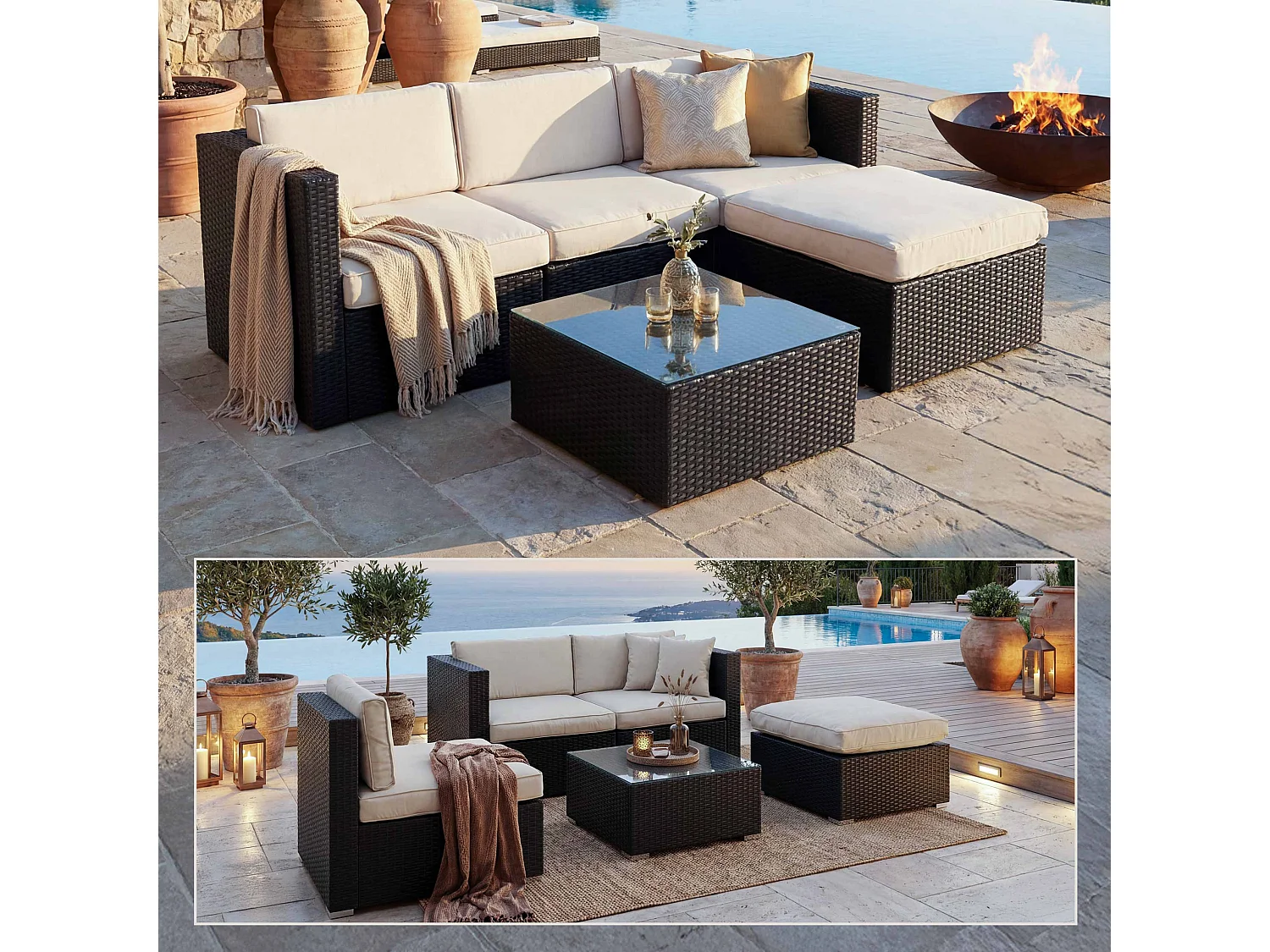 Poly-Rattan-Garnitur MCW-D28 (5-teilig), Braun, Polster creme ohne Deko-Kissen/Abdeckung