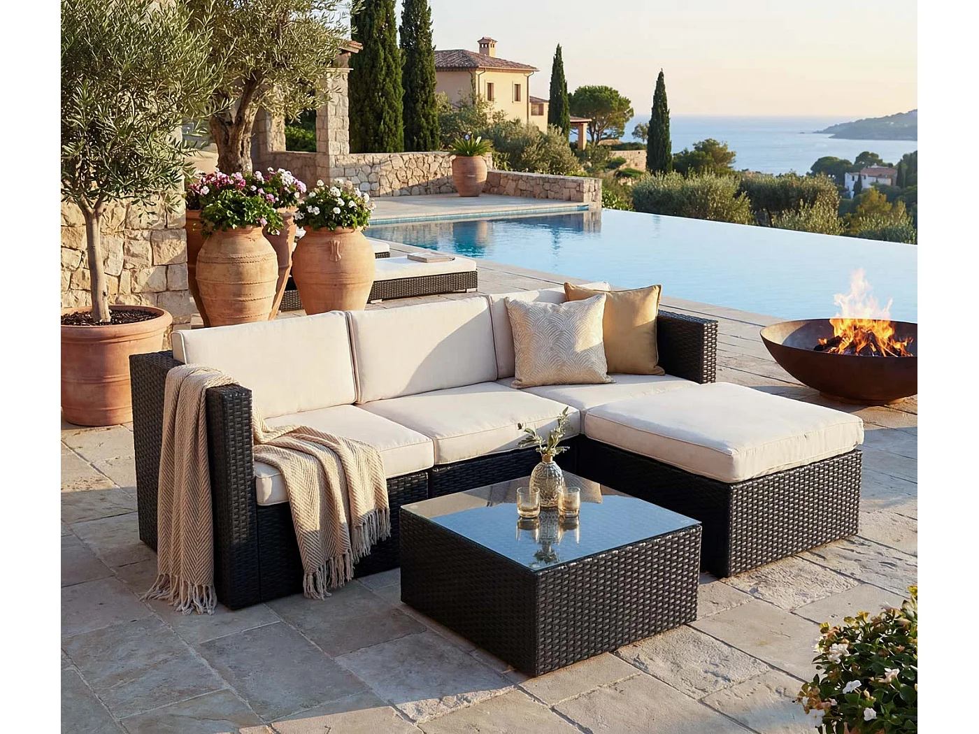 Poly-Rattan-Garnitur MCW-D28 (5-teilig), Braun, Polster creme ohne Deko-Kissen/Abdeckung