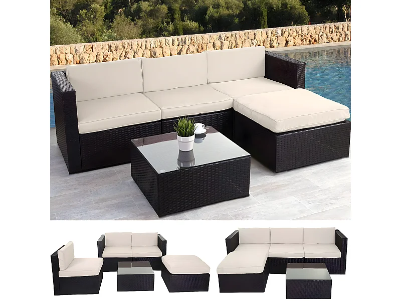 Poly-Rattan-Garnitur MCW-D28 (5-teilig), Braun, Polster creme ohne Deko-Kissen/Abdeckung