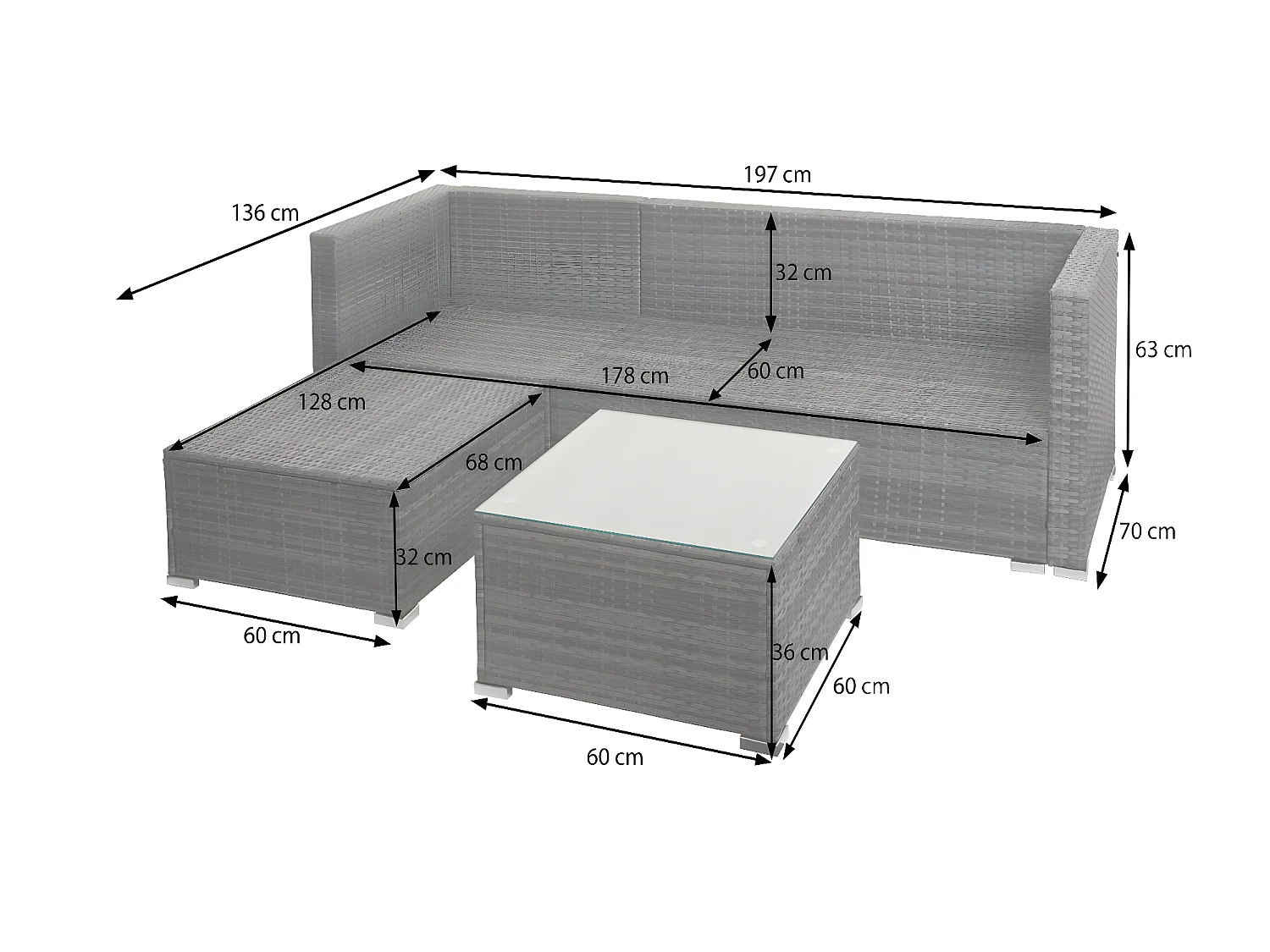 Set salotto giardino esterno salottino MCW-F57 polyrattan grigio con cuscini grigio scuro