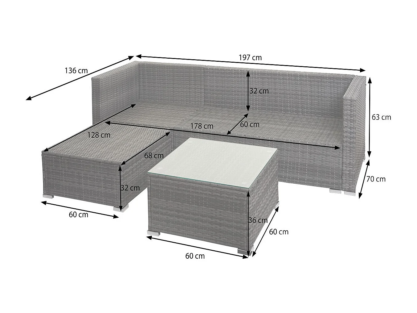 Polyrotan set MCW-F57 (3-delig),  grijs, kussens donkergrijs zonder sierkussens