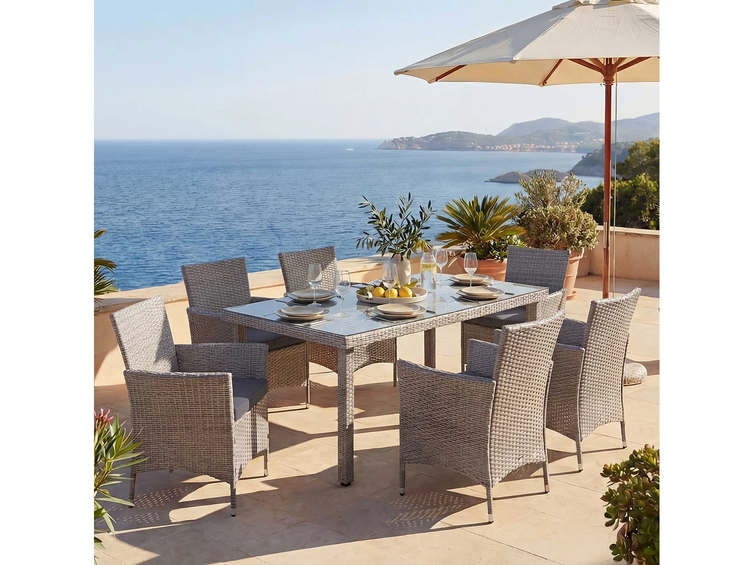 Zestaw z polirattanowym wykończeniem  Hamar (7 elementów),  szary, poduszki antracytowe