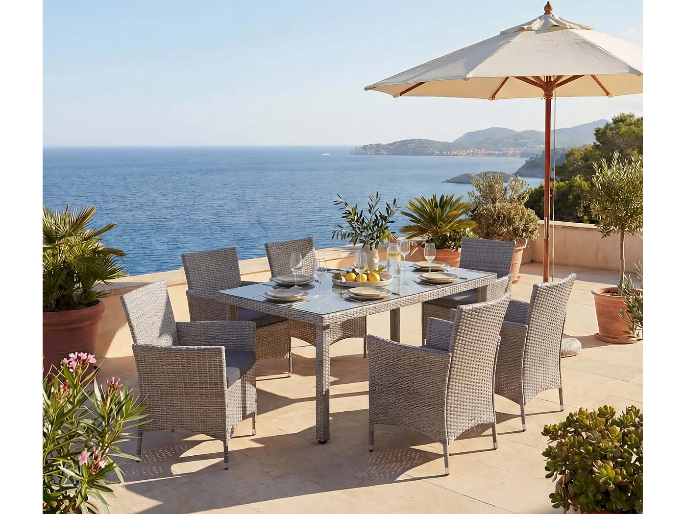 Zestaw z polirattanowym wykończeniem  Hamar (7 elementów),  szary, poduszki antracytowe