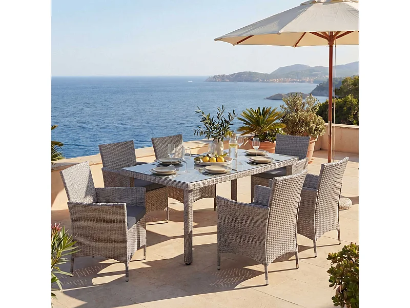 Poly-Rattan-Garnitur  Hamar (7-teilig), Grau, Kissen anthrazit