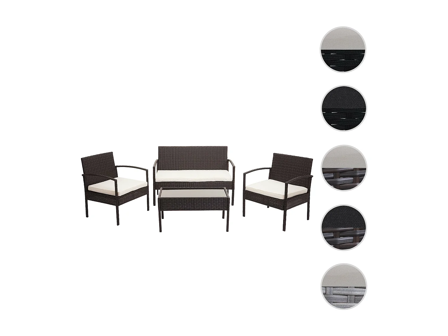 Poly-rattan set MCW-F56 (4-delig),  bruin, crèmekleurige kussens