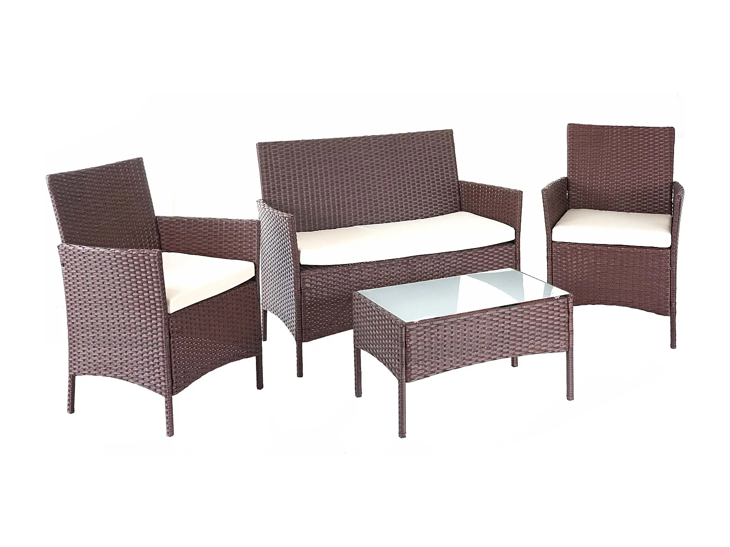 Set salotto giardino esterno salottino elegante MCW-D82 polyrattan marrone con cuscini avorio
