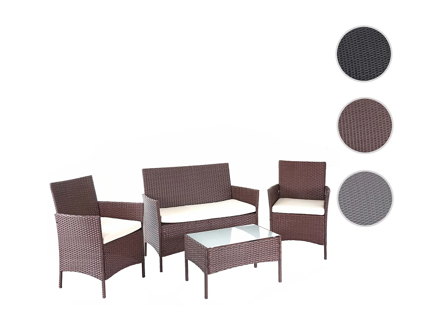 Set salotto giardino esterno salottino elegante MCW-D82 polyrattan marrone con cuscini avorio