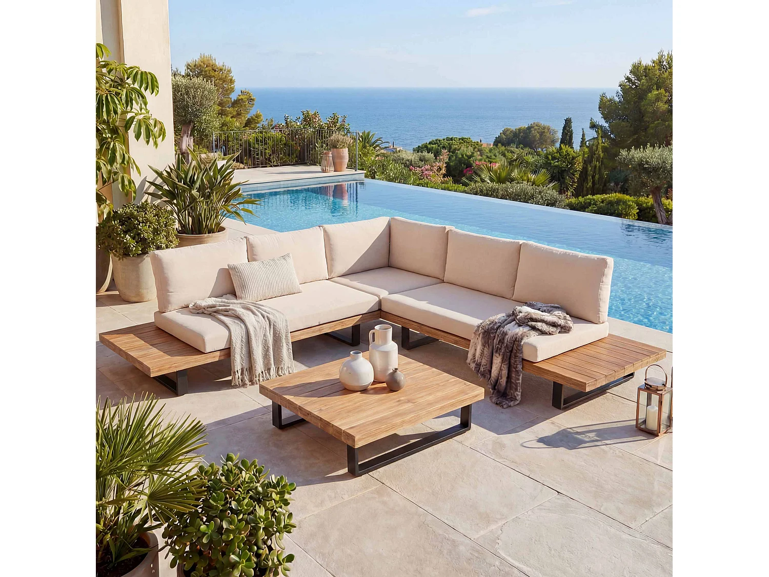 Zestaw ogrodowy MCW-H54 (zestaw 2-częściowy),  jasnobrązowy, tapicerka w kolorze beżowym