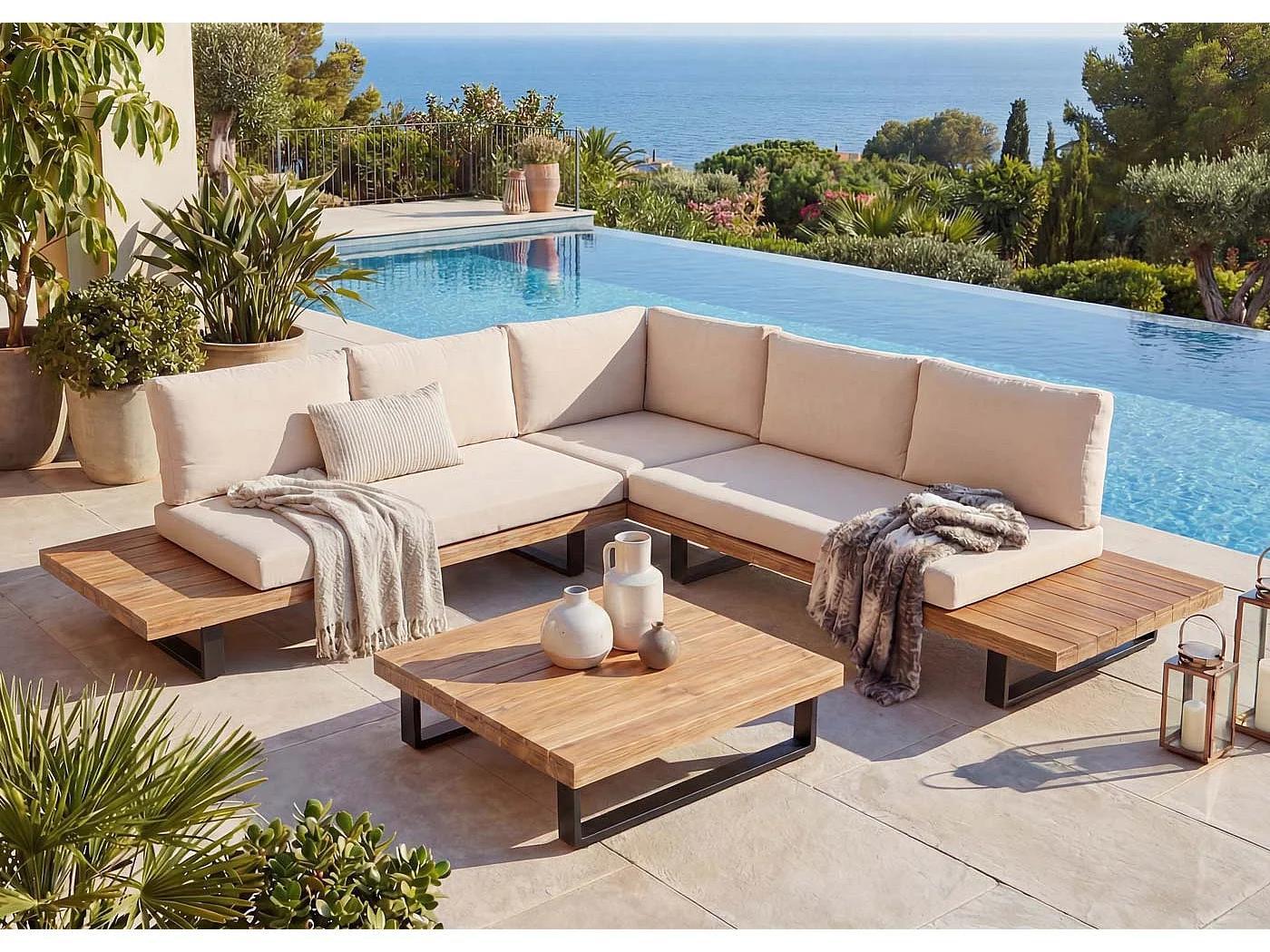 Zestaw ogrodowy MCW-H54 (zestaw 2-częściowy),  jasnobrązowy, tapicerka w kolorze beżowym