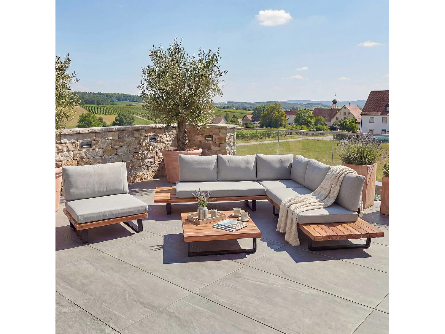 Zestaw ogrodowy MCW-H54 (zestaw 4-częściowy),  jasnobrązowy, tapicerka jasnoszara