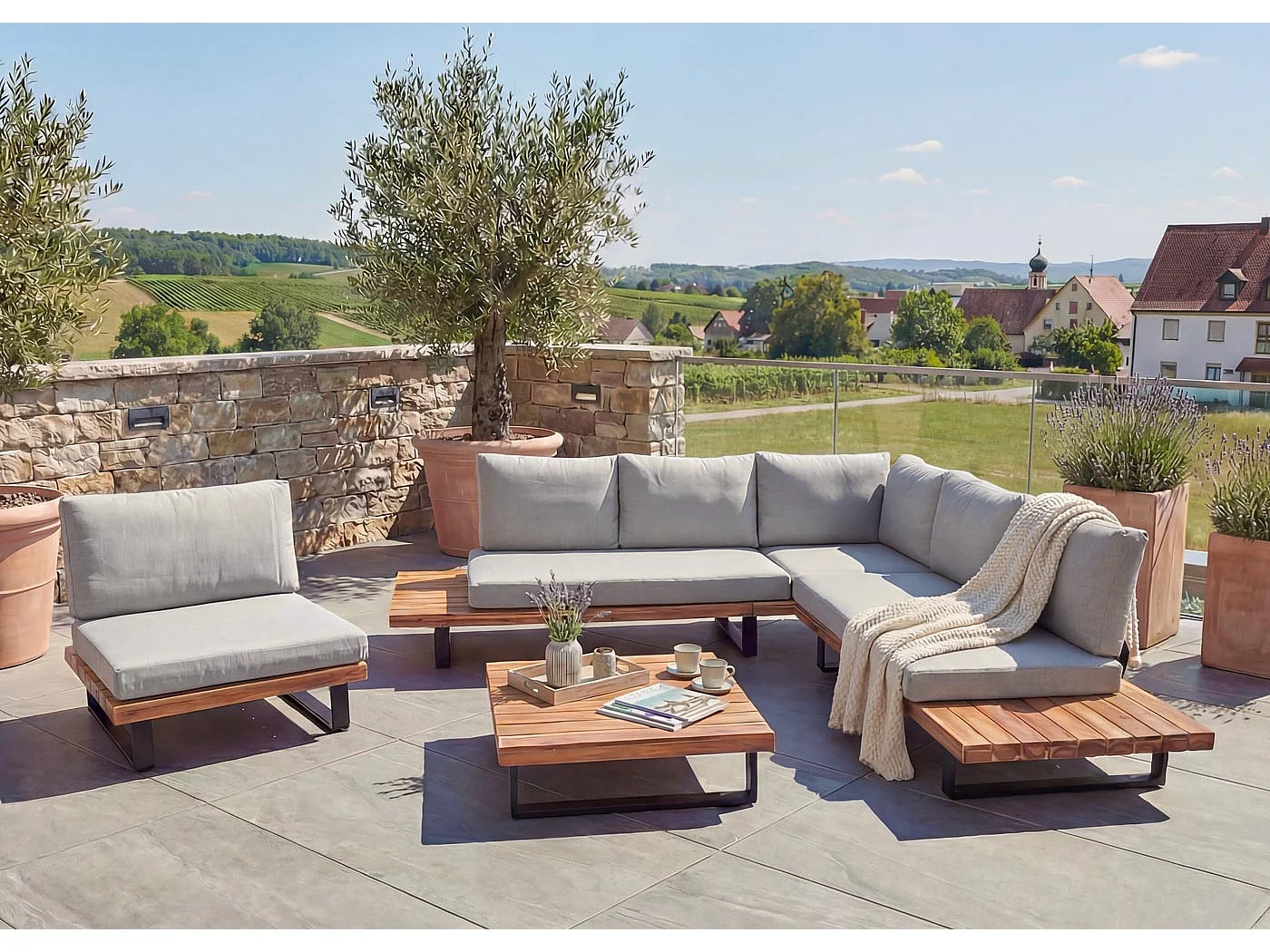 Zestaw ogrodowy MCW-H54 (zestaw 4-częściowy),  jasnobrązowy, tapicerka jasnoszara