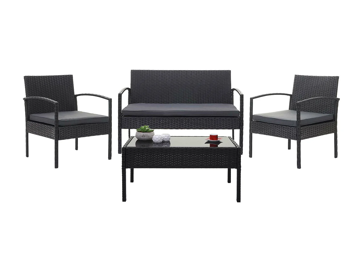 Zestaw polirattanowy MCW-F56 (4-częściowy),  czarny, ciemnoszare poduszki