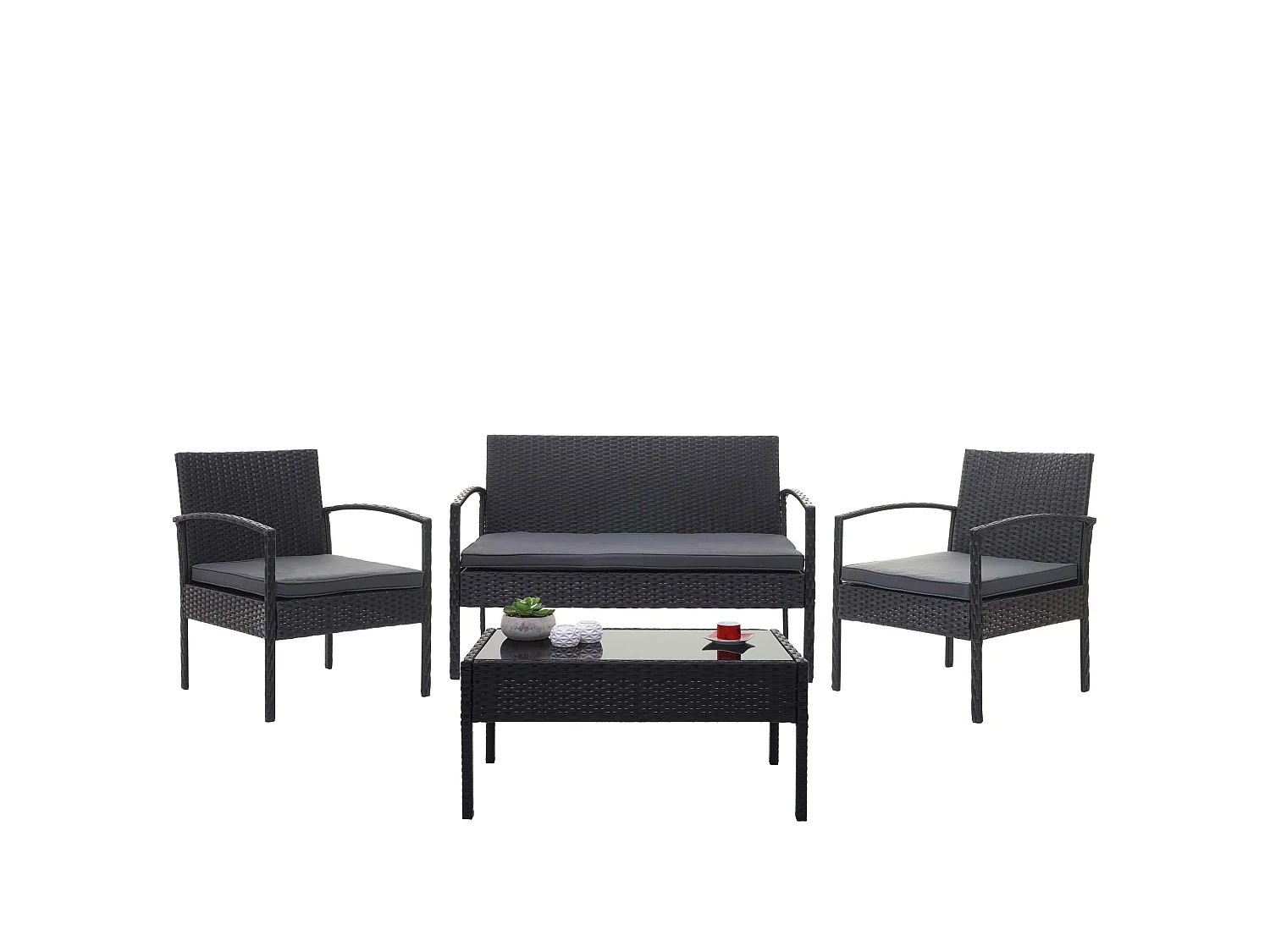 Zestaw polirattanowy MCW-F56 (4-częściowy),  czarny, ciemnoszare poduszki