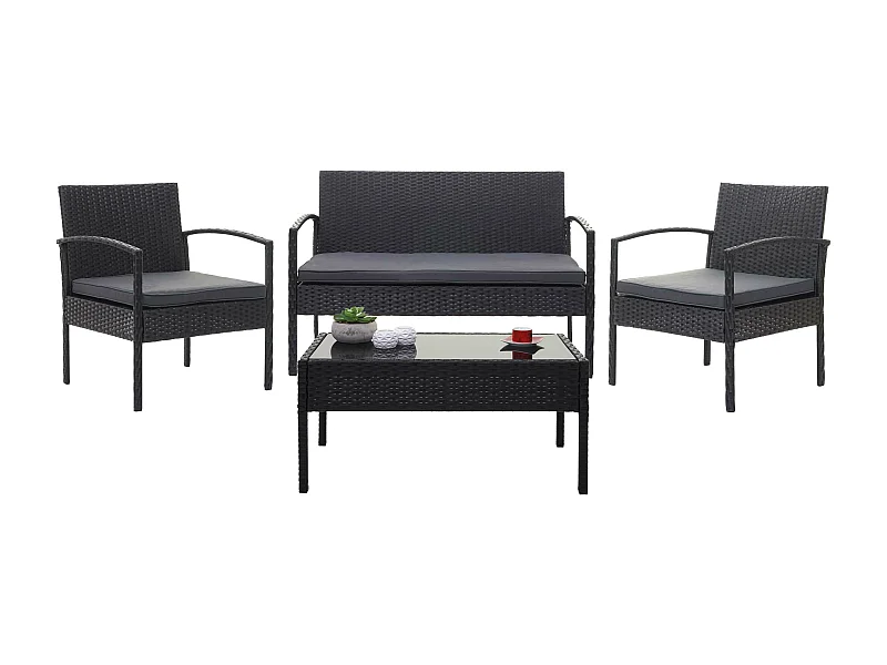 Poly-Rattan Garnitur MCW-F56 (4-teilig), Schwarz, Kissen dunkelgrau