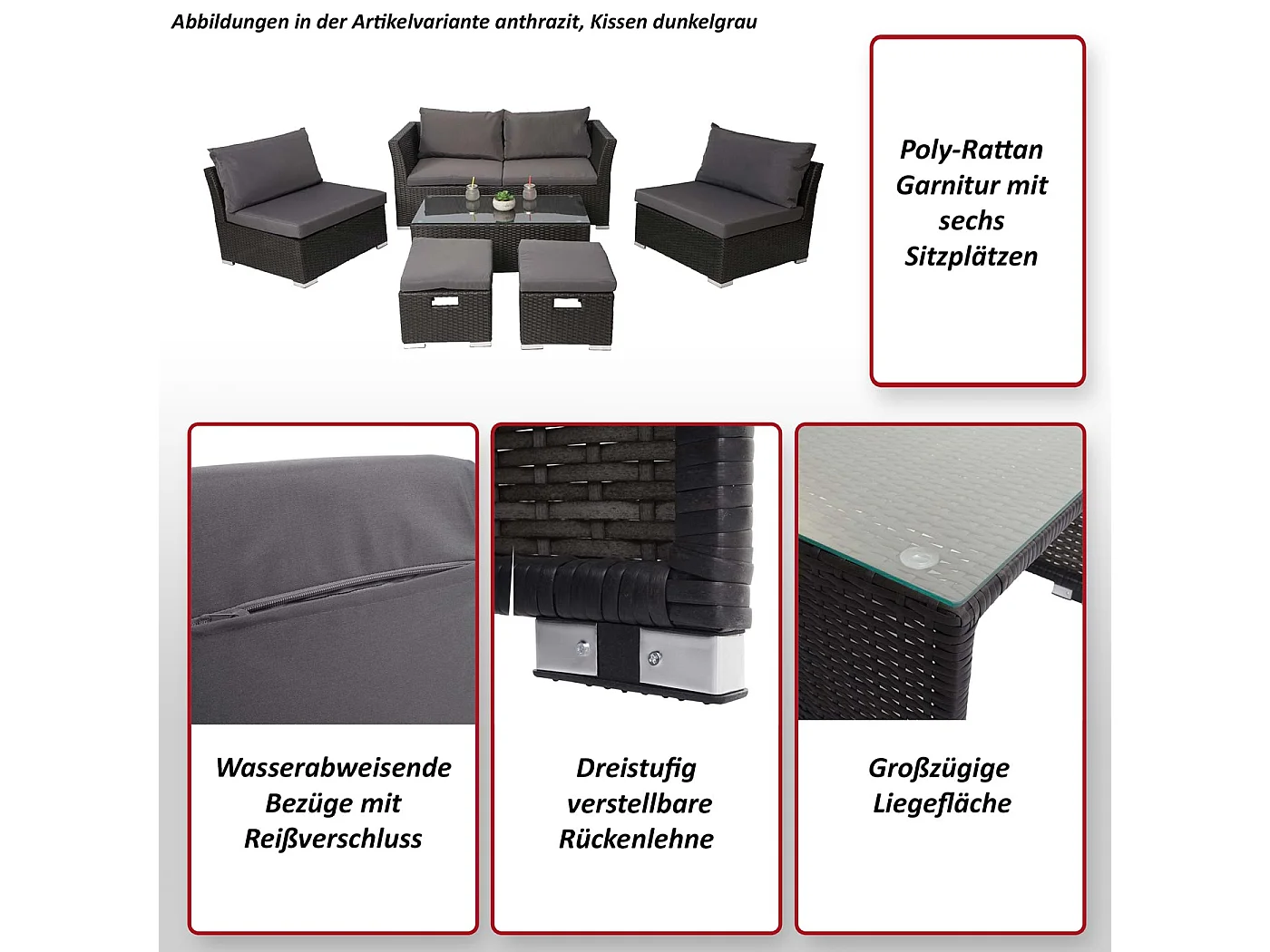 Zestaw polirattanowy MCW-J36 (6-częściowy),  szary, poduszki czarne