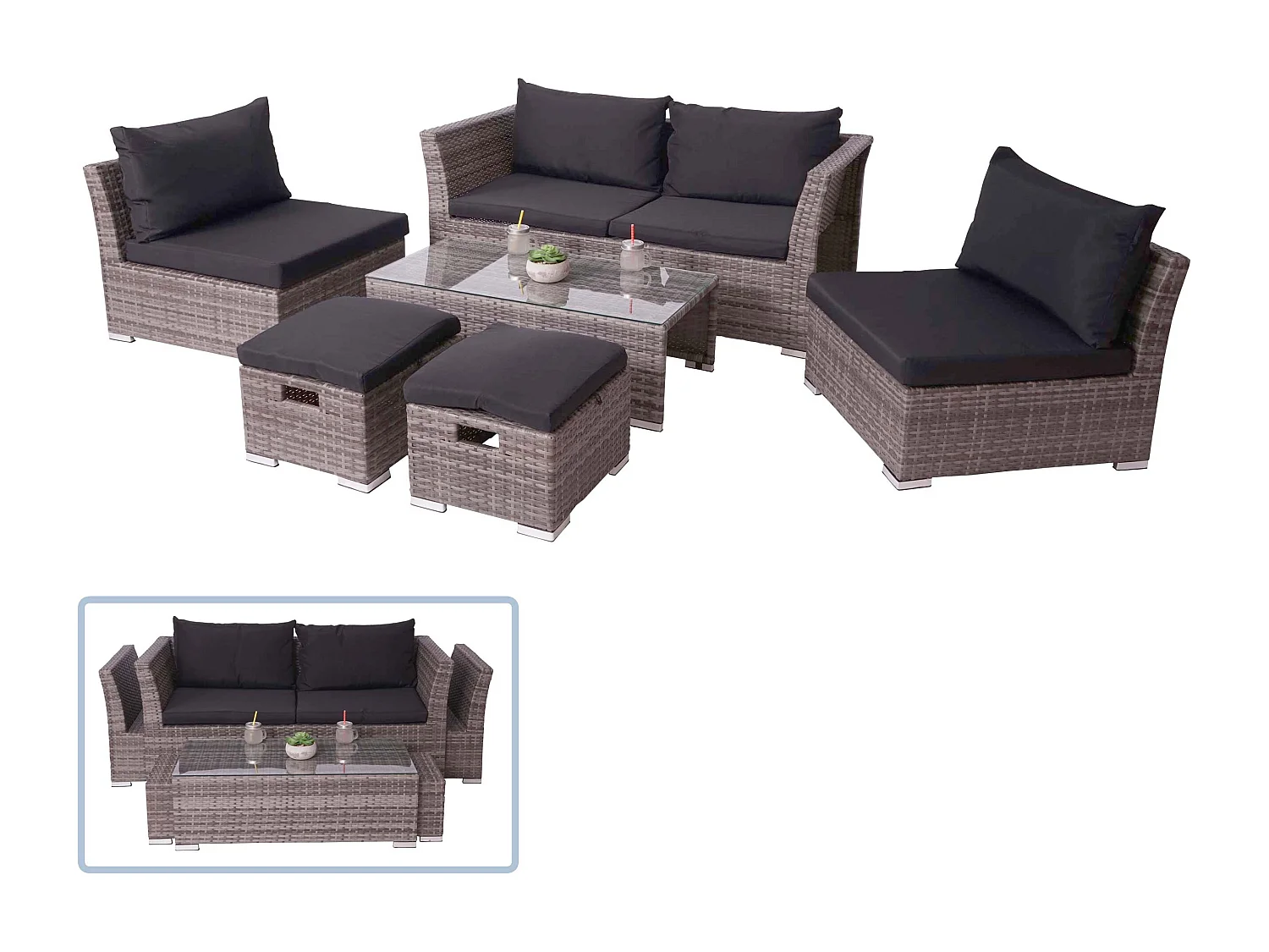 Poly-Rattan Garnitur MCW-J36 (6-teilig), Grau, Kissen schwarz