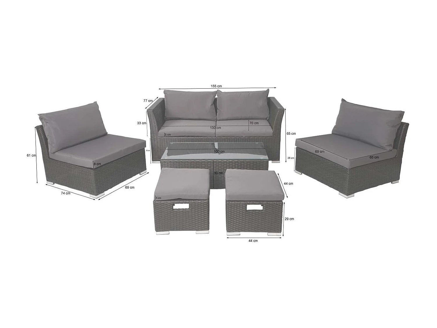 Poly-Rattan Garnitur MCW-J36 (6-teilig), Grau, Kissen schwarz