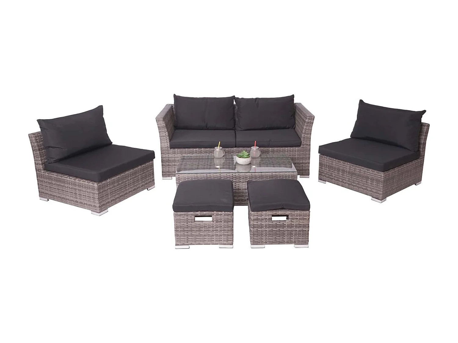 Poly-Rattan Garnitur MCW-J36 (6-teilig), Grau, Kissen schwarz