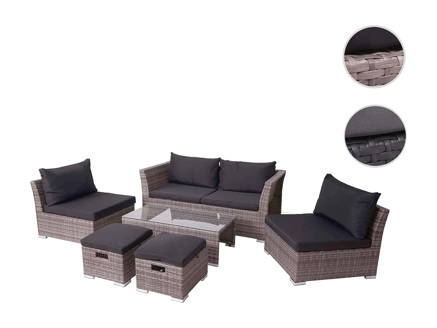 Poly-Rattan Garnitur MCW-J36 (6-teilig), Grau, Kissen schwarz