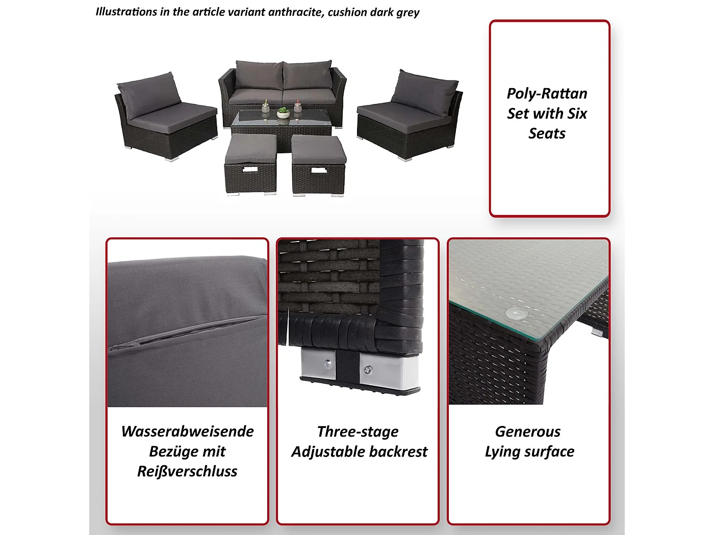 Poly-Rattan Garnitur MCW-J36 (6-teilig), Grau, Kissen schwarz